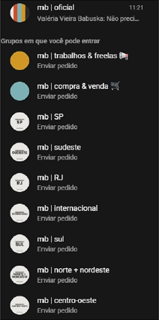Print do WhatsApp mostrando a comunidade MB Oficial e os grupos regionais disponíveis